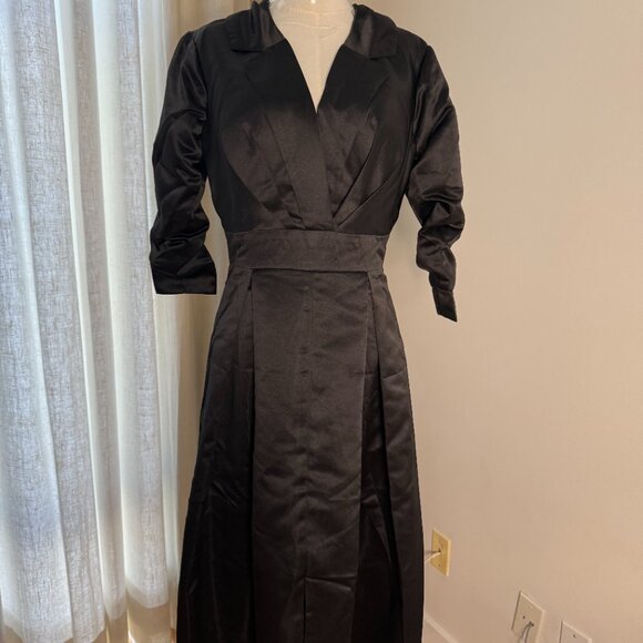 NEW Black Heavy Satin Collared Old Hollywood Vintage Long Dress Gown - Picture 5 of 5